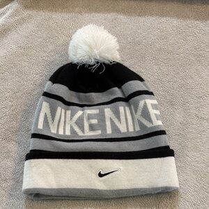 Nike Black and Gray Striped Beanie with White Pom